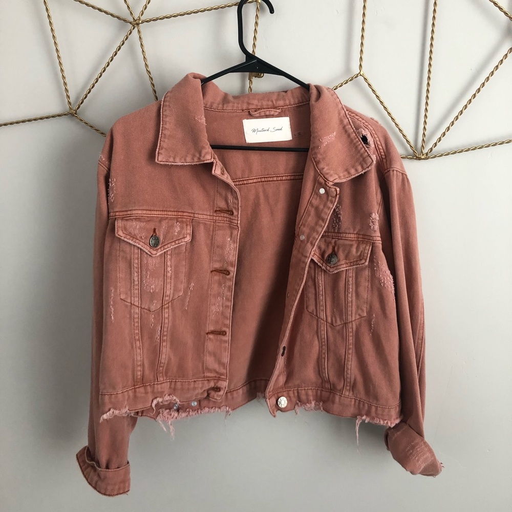 distressed cropped pink jean jacket